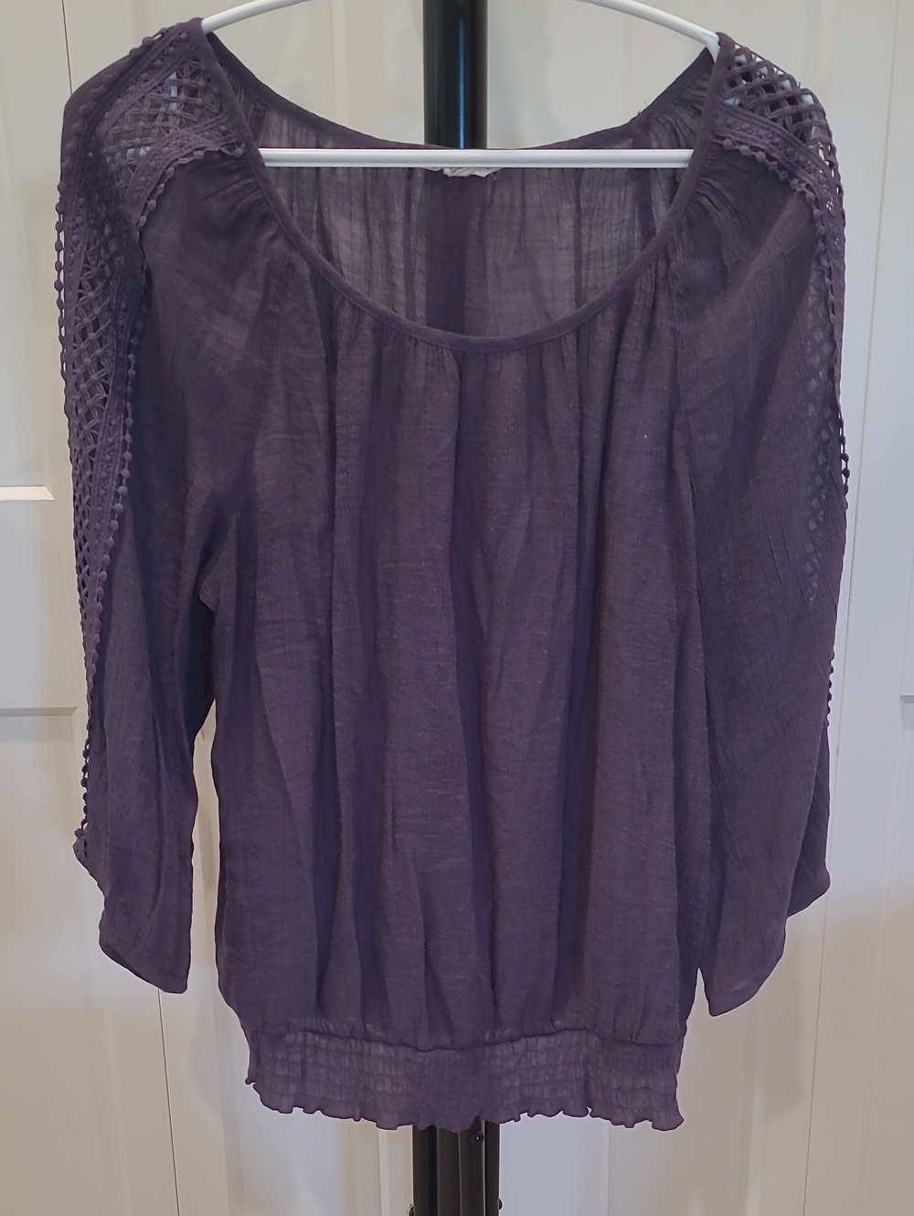 Women’s Purple Boho Peasant Top with Crochet Detail
